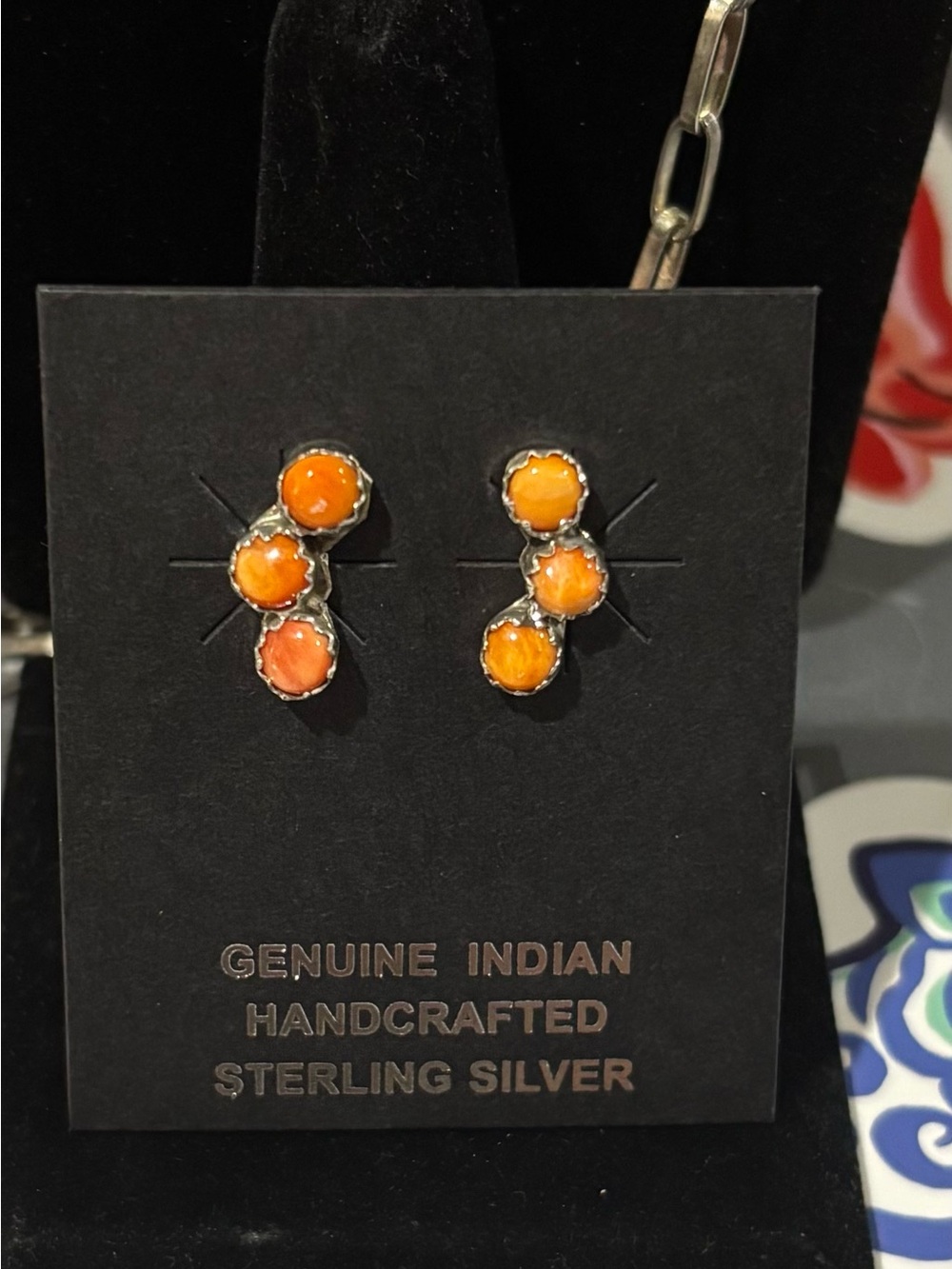 Navajo Handcrafted Sterling Silver Orange Cabochon Earrings